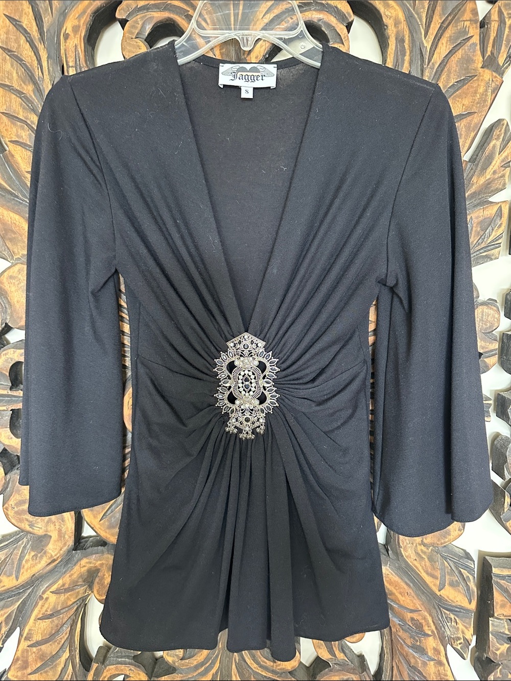 Jagger Black V-Neck Tunic with Decorative Plaque & Runched  Waist - Size S